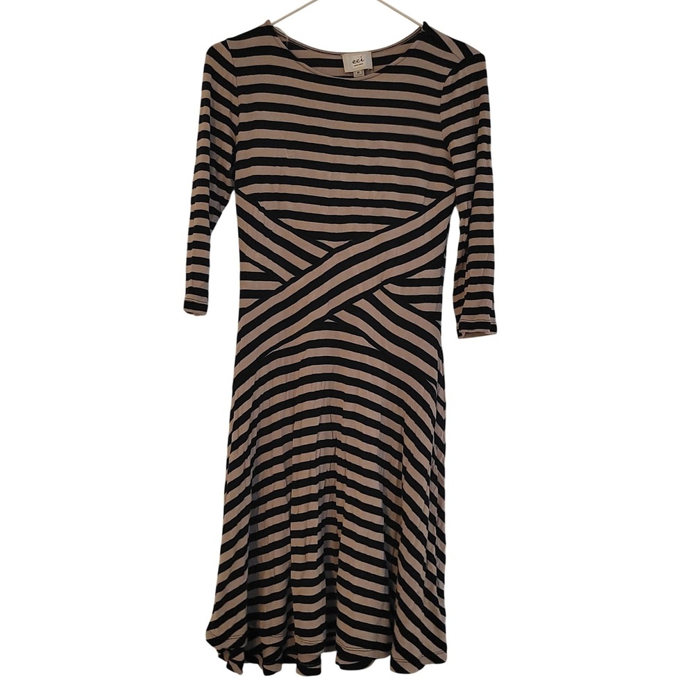 ECI New York Medium Black Tan Stripe CrissCross Waist 3/4 Sleeve Dress Y2K Party